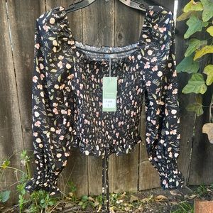 Black Smocked Long Sleeve Blouse